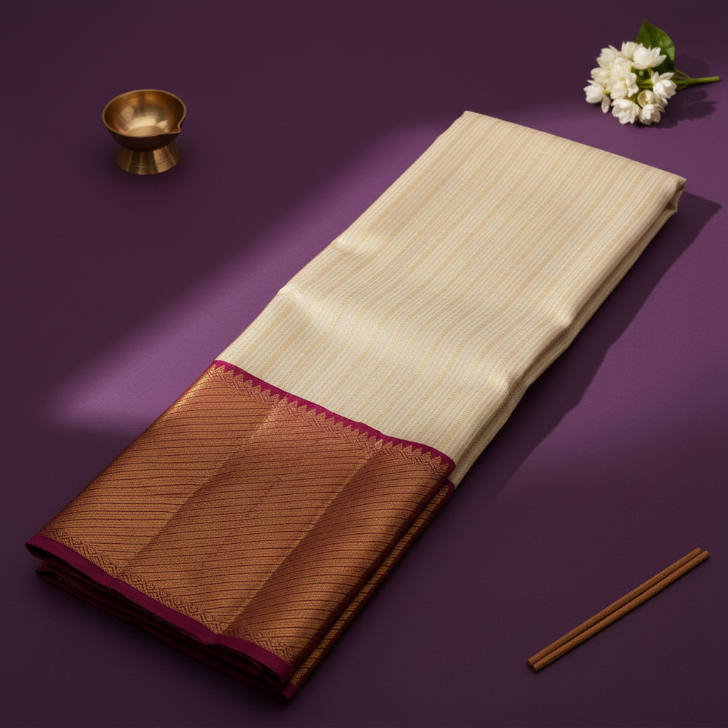 Kuberan Cream Kanchipuram Silk Saree with pink Zari Border