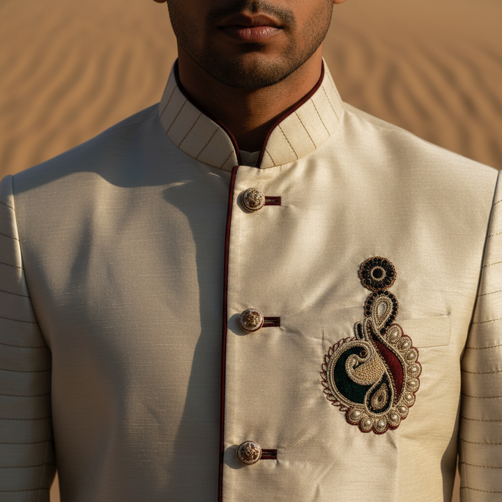 Kuberan Cream Silk Sherwani Kurta Pyjama Set
