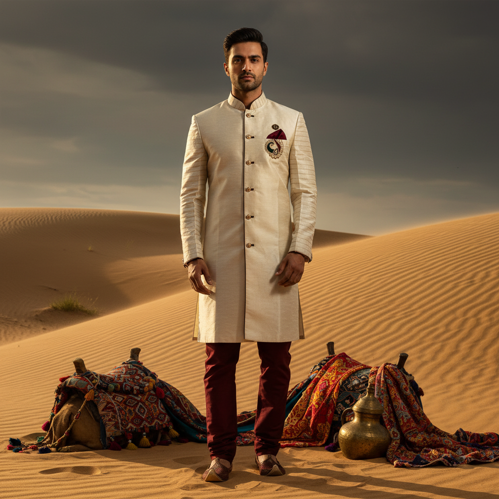 Kuberan Cream Silk Sherwani Kurta Pyjama Set