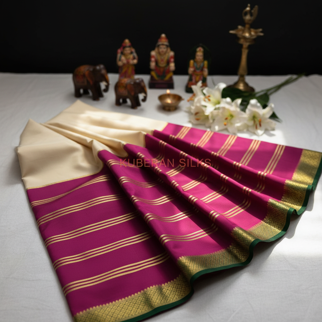 Kuberan Cream and Magenta Mysore Silk Saree