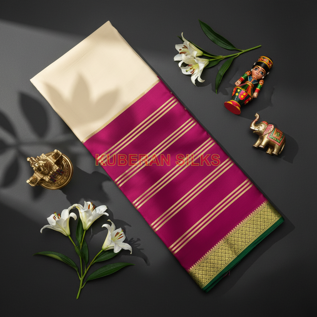 Kuberan Cream and Magenta Mysore Silk Saree