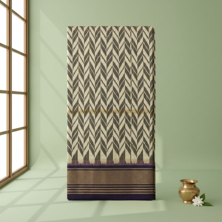KUBERAN IVORY WITH PURPLE POCHAMPALLY SILK SAREE