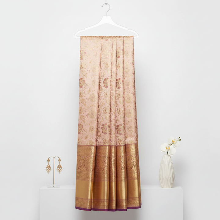Kuberan Pure Silk Cream Pink with Golden Border Pavada
