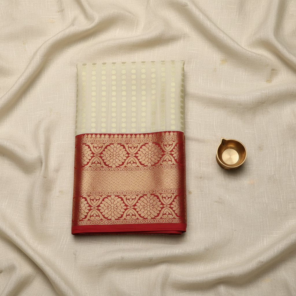 Kuberan Art Silk Pavada Cream & Red