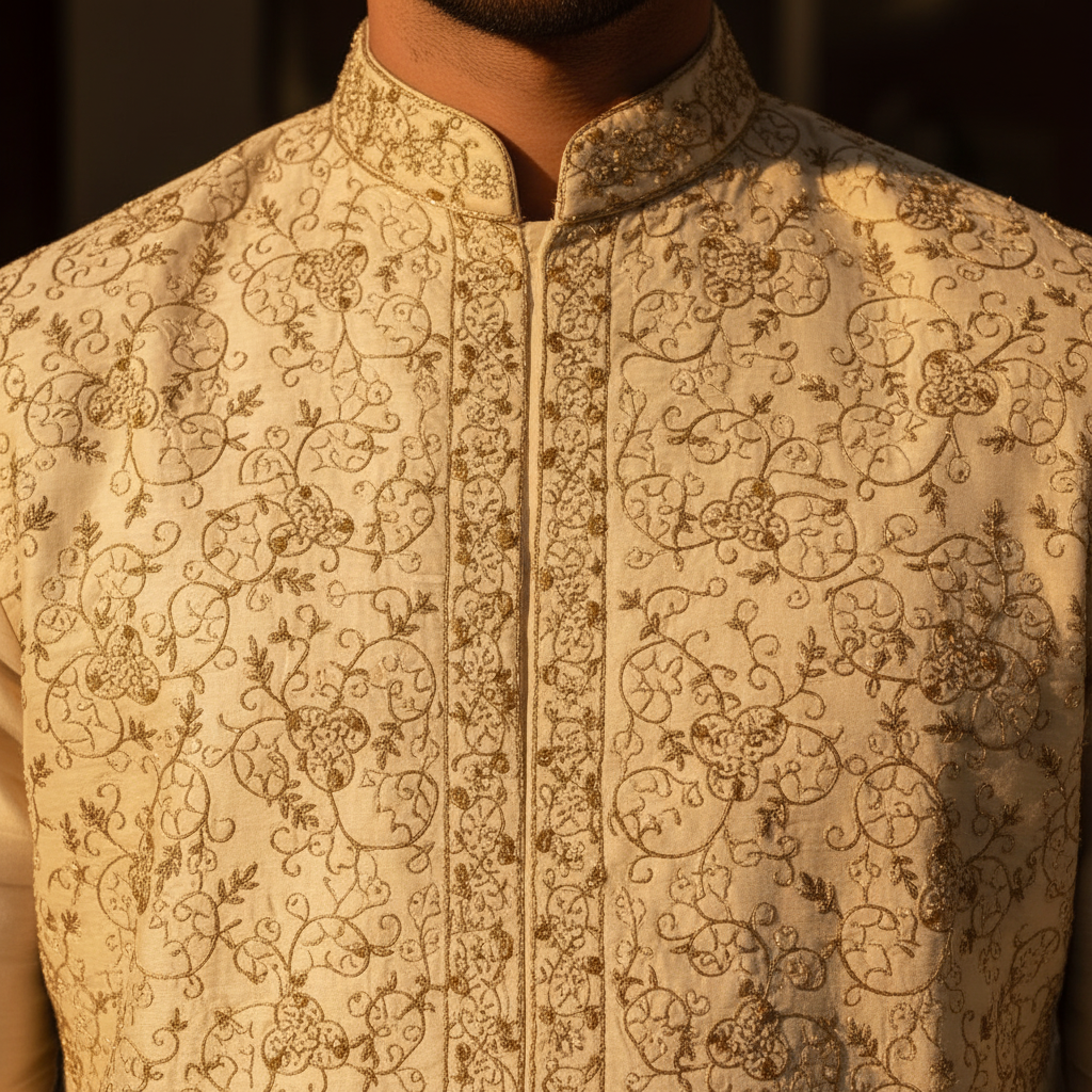 Kuberan Cream Gold Zari Embroidered Sherwani Kurta Pyjama Set