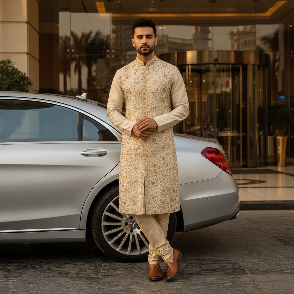Kuberan Cream Gold Zari Embroidered Sherwani Kurta Pyjama Set