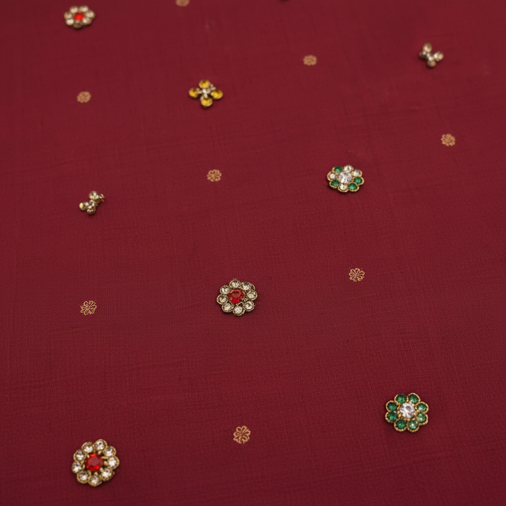 Kuberan Crimson red Zardosi Embroidered Kanchipuram Silk Saree
