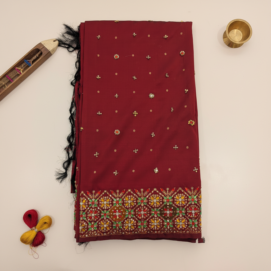 Kuberan Crimson red Zardosi Embroidered Kanchipuram Silk Saree