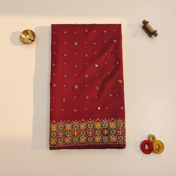 Kuberan Crimson red Zardosi Embroidered Kanchipuram Silk Saree