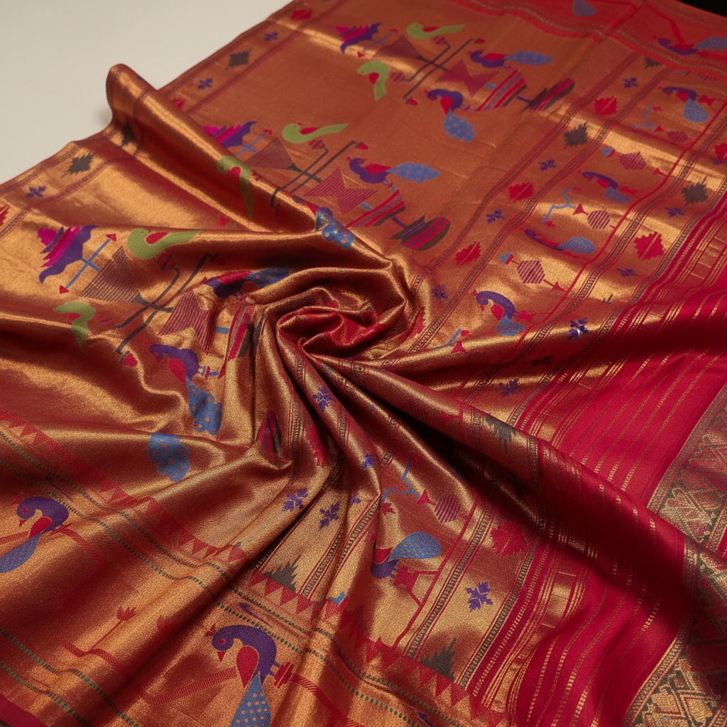 KUBERAN Navy Blue Paithani silk Saree with Golden Buti and Peacock Border