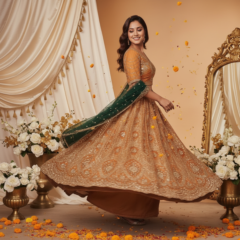 Kuberan Golden  Lehenga Choli with Green Dupatta Semi Stitched