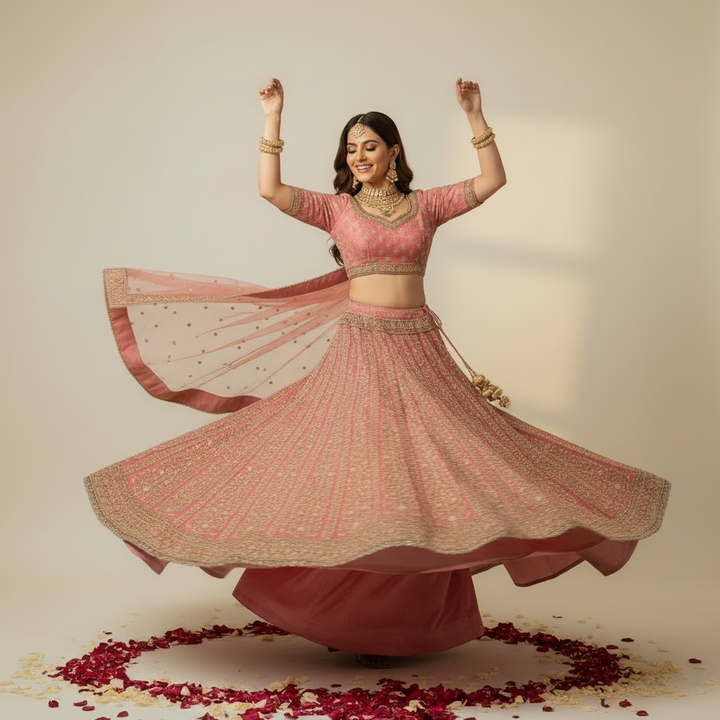 Kuberan Rose Gold Bridal Lehenga with Heavy Zari Embroidery unstitched