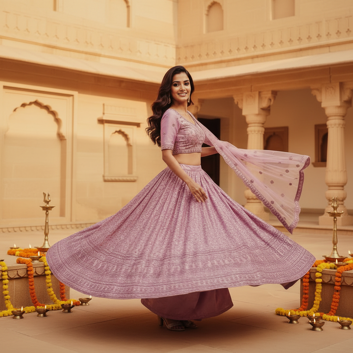 Kuberan Lavender Semi Bridal Lehenga Semi Stitched
