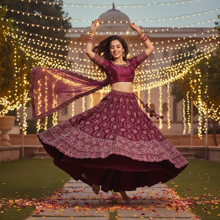 Kuberan Wine Burgundy Semi Bridal Semi Stitched Lehenga.