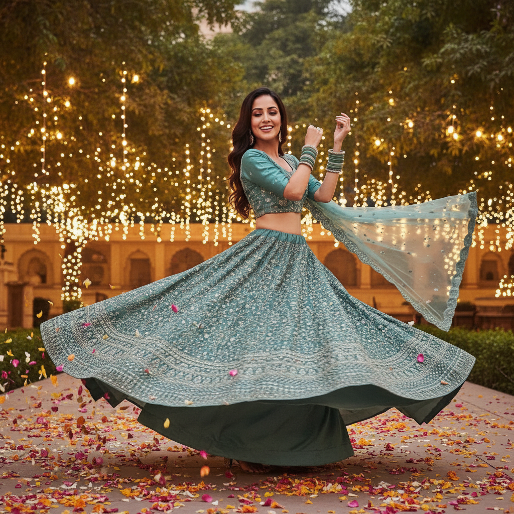Kuberan Teal Blue Semi Bridal Semi Stitched Lehenga .