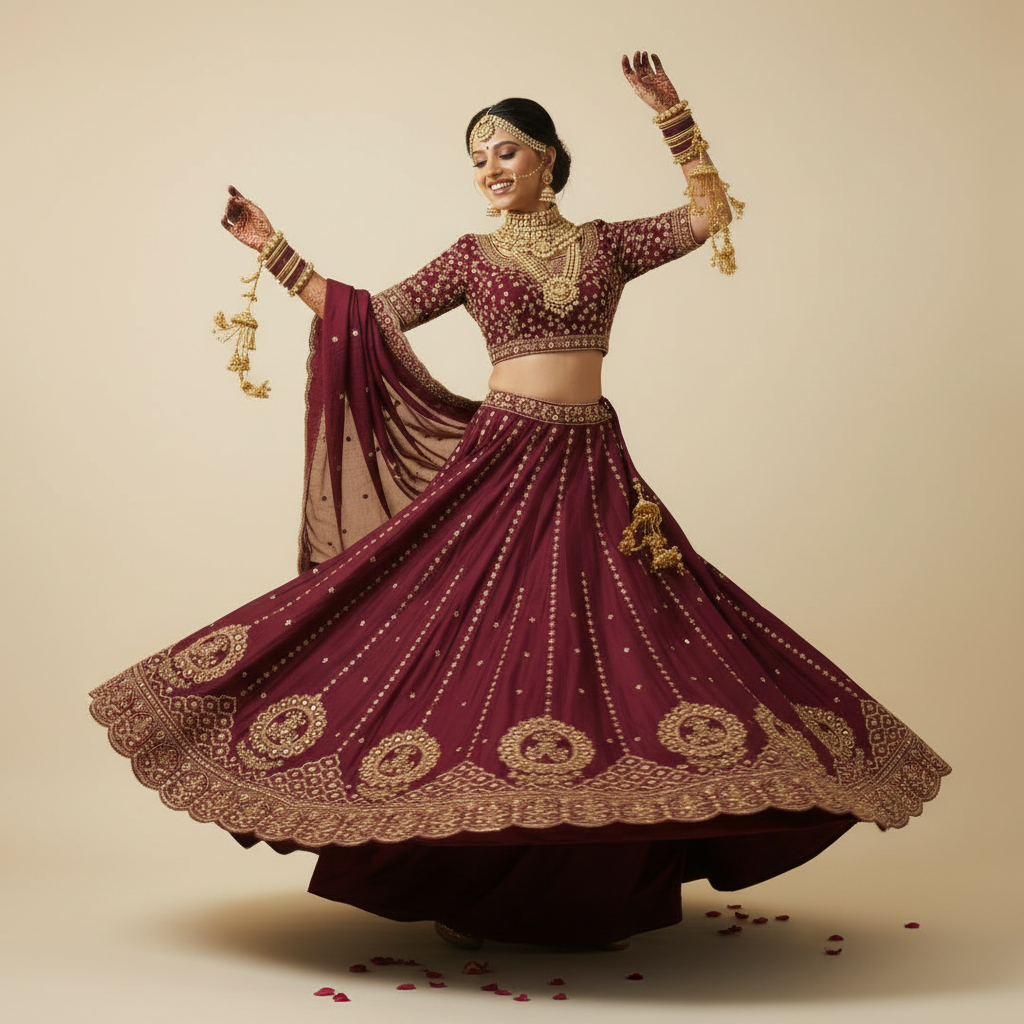 Kuberan Wine Lehenga with Gold Embroidery
