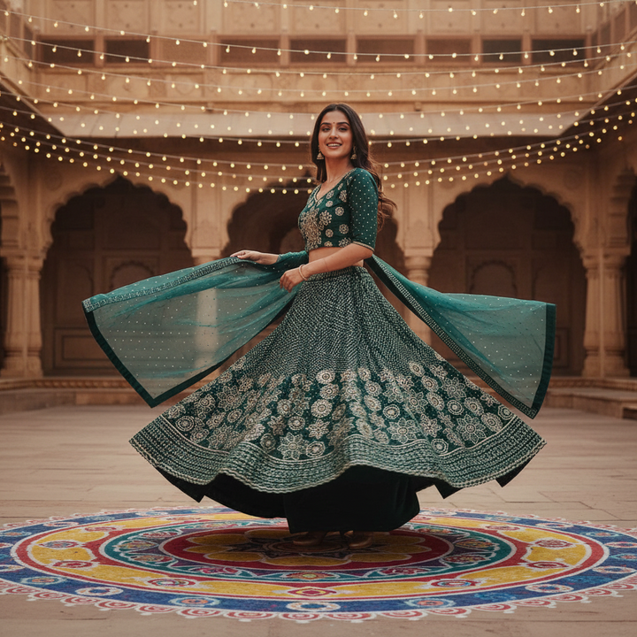 Kuberan Dark Green Embroidered Lehenga Choli Semi Stitched