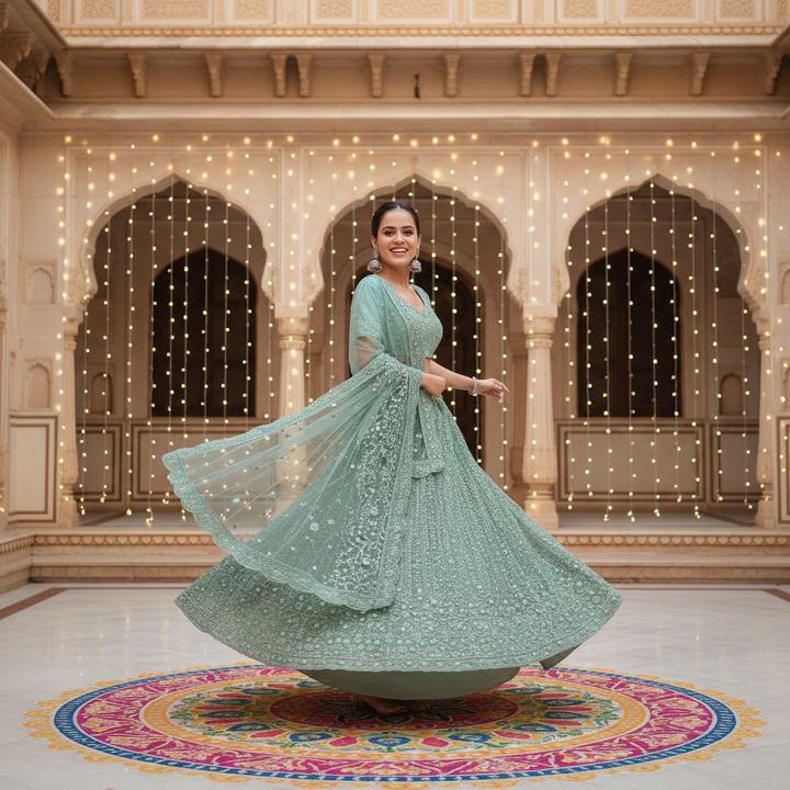 Kuberan Mint Green Embroidered Net Lehenga Choli Semi Stitched