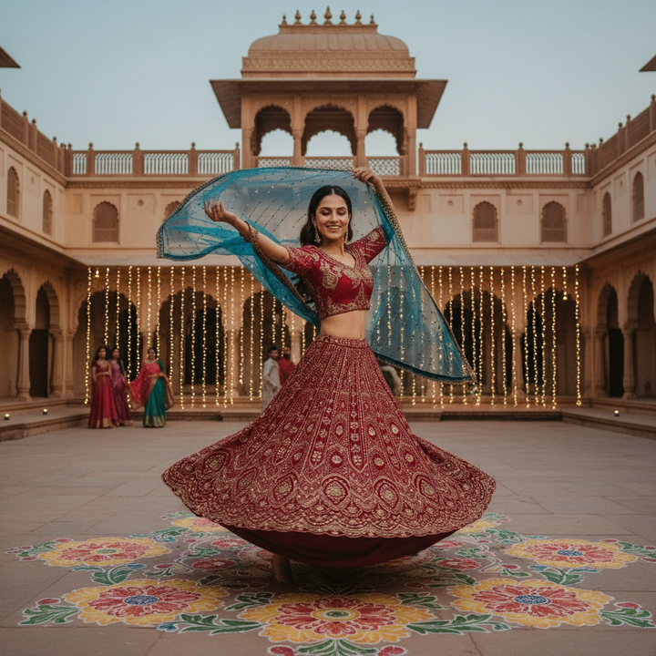 Kuberan Maroon & Teal Bridal Lehenga Choli Semi Stitched