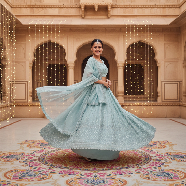 Kuberan Powder Blue Embroidered Net Lehenga Semi Stitched