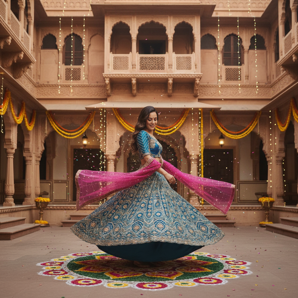Kuberan Teal Blue & Pink Lehenga Semi stitched