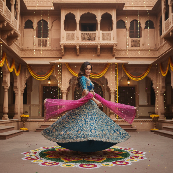 Kuberan Teal Blue & Pink Lehenga Semi stitched