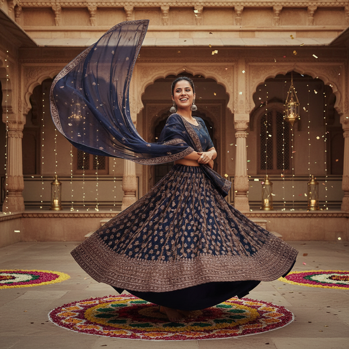Kuberan Navy Blue & Copper Embroidered Lehenga semi stitched