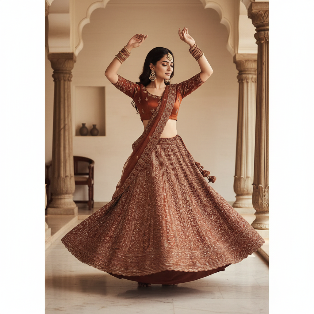 Kuberan Rust Gold Semi Bridal Lehenga Semi Stitched