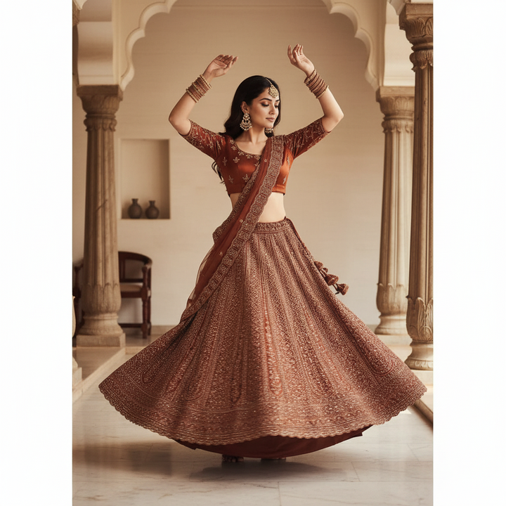 Kuberan Rust Gold Semi Bridal Lehenga Semi Stitched
