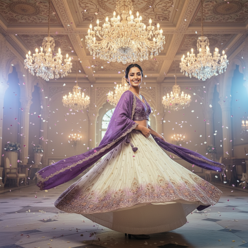 Kuberan Sangeetha Lehenga – Purple & Ivory Embroidered Silk Semi Stitched