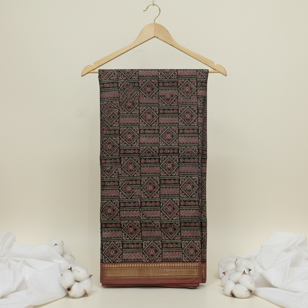 KUBERAN RED & BLACK COTTON PRINTED SAREE