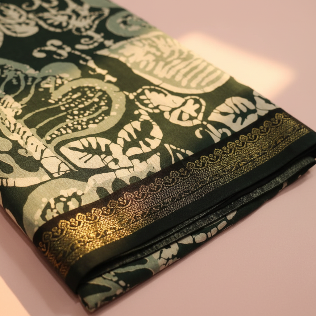 Kuberan Dark Green Batik Print Saree with Gold Zari Border