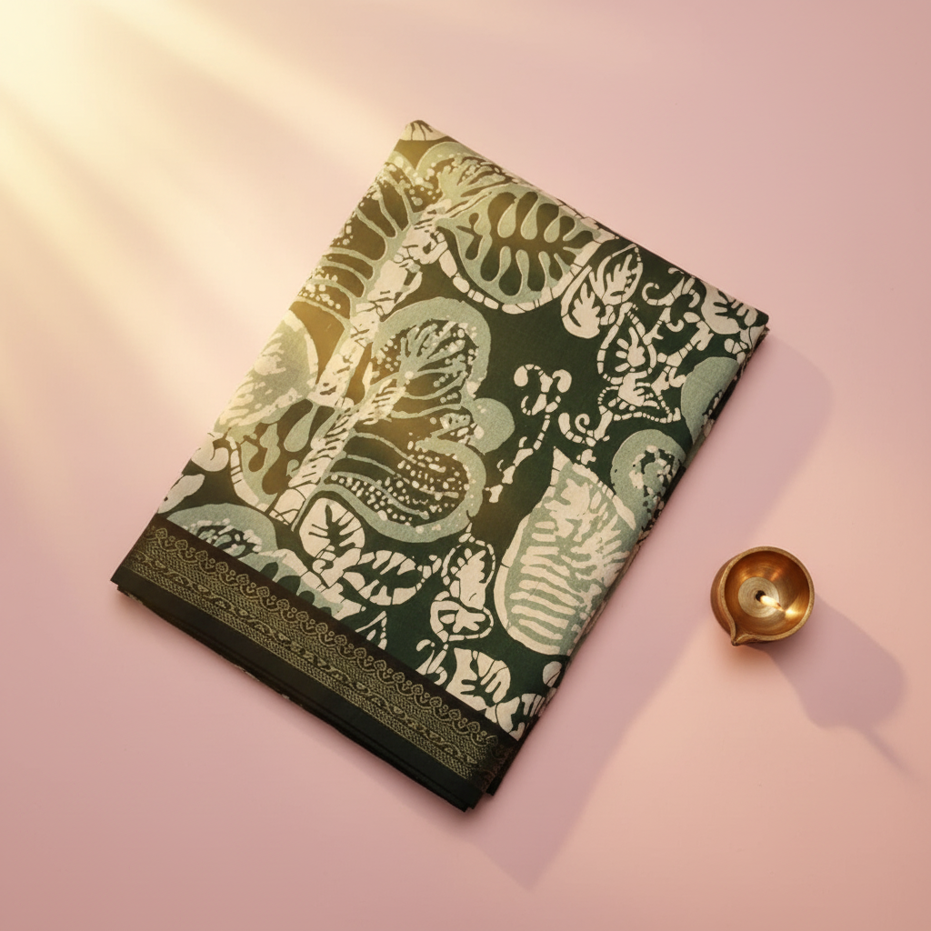 Kuberan Dark Green Batik Print Saree with Gold Zari Border