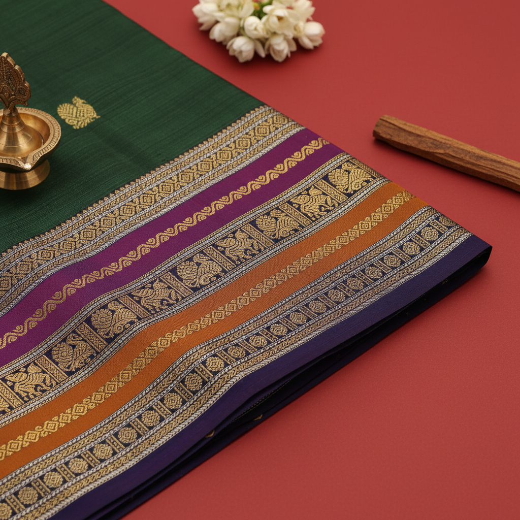 Kuberan Dark Bottle Green Kanchipuram Silk Saree with Golden Motifs & Multicolor Zari Border