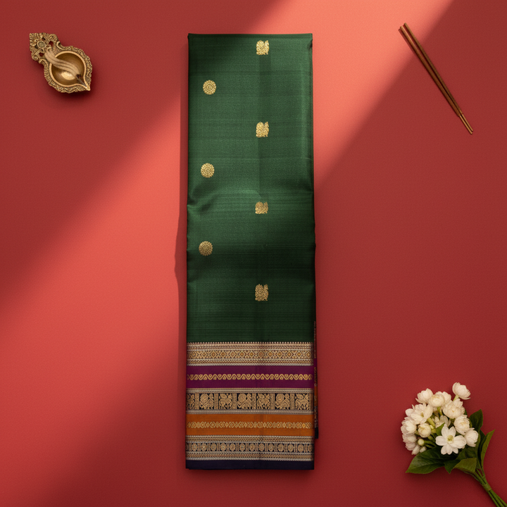 Kuberan Dark Bottle Green Kanchipuram Silk Saree with Golden Motifs & Multicolor Zari Border