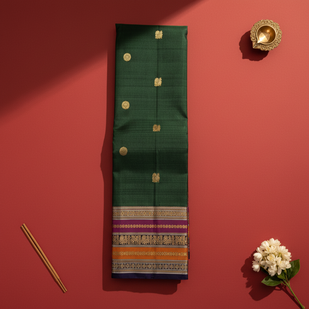 Kuberan Dark Bottle Green Kanchipuram Silk Saree with Golden Motifs & Multicolor Zari Border
