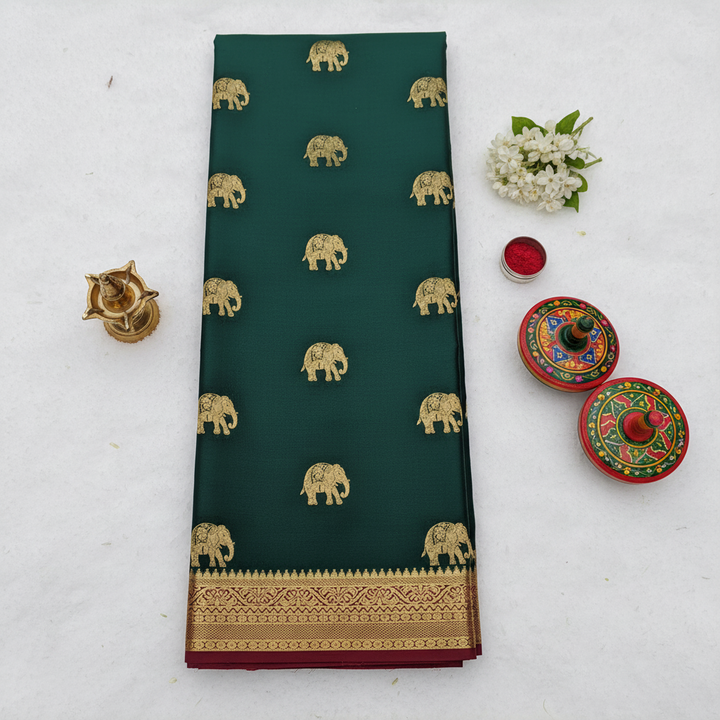 Dark Green Mysore Silk Saree with airavat Motifs