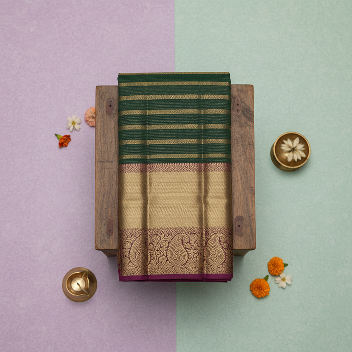 kuberan Bottle Green Kanchipuram Silk Saree with Golden Peacock Border