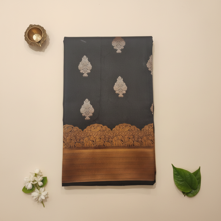 Dark Grey Banarasi Silk Saree – 3 Props Editorial