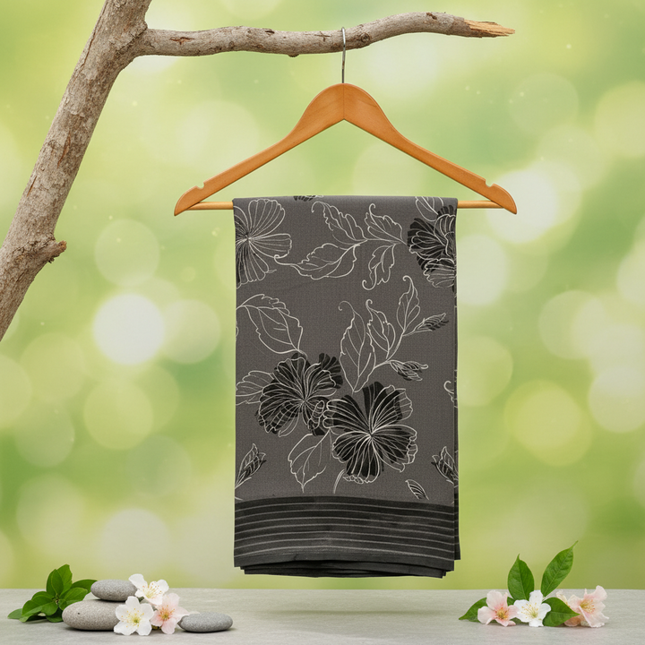 KUBERAN DARK GREY PURE CHIFFON PRINTED SAREE