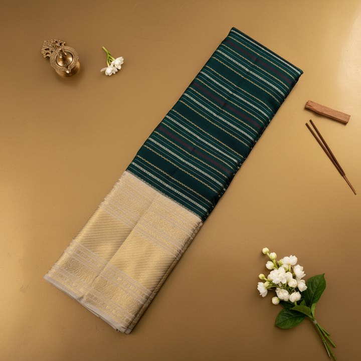 Kuberan Dark Teal Kanchipuram Silk Saree with Multicolor Stripe & Cream Gold Zari Border