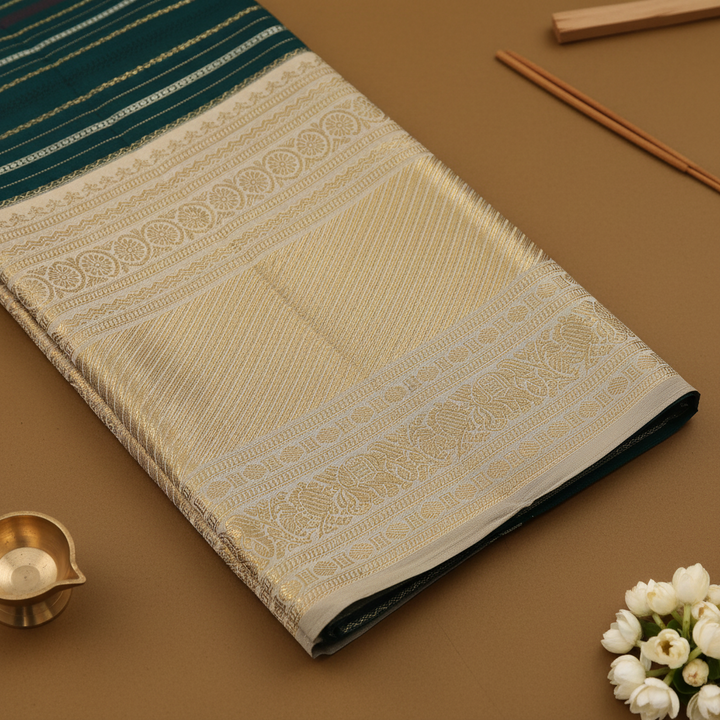 Kuberan Dark Teal Kanchipuram Silk Saree with Multicolor Stripe & Cream Gold Zari Border