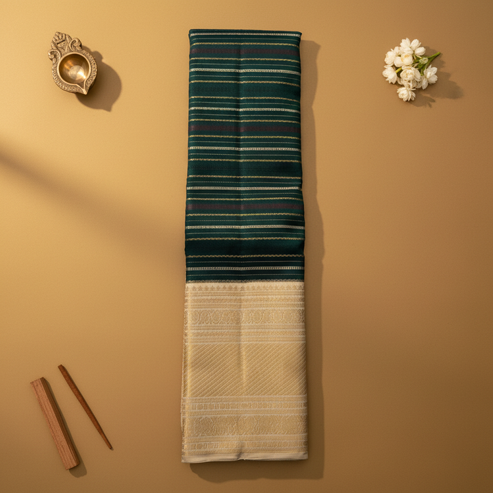 Kuberan Dark Teal Kanchipuram Silk Saree with Multicolor Stripe & Cream Gold Zari Border