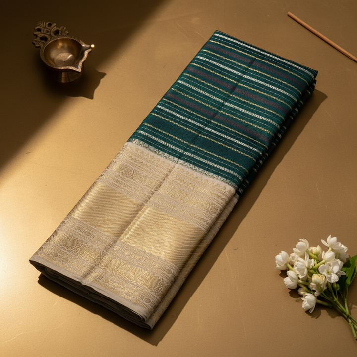 Kuberan Dark Teal Kanchipuram Silk Saree with Multicolor Stripe & Cream Gold Zari Border