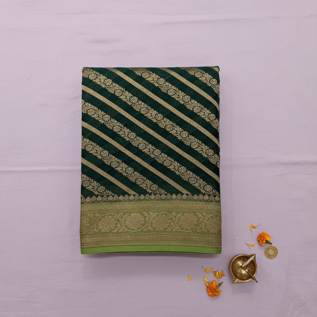 KUBERAN GREEN BANARASI KHADDI GEORGETTE SAREE