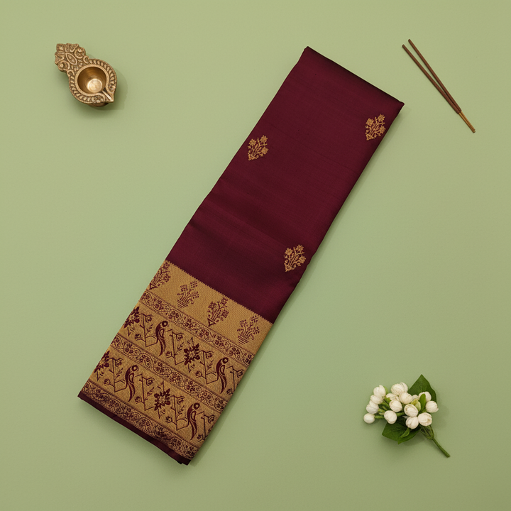 Kuberan Deep Maroon Kanchipuram Silk Saree with Golden Peacock Border
