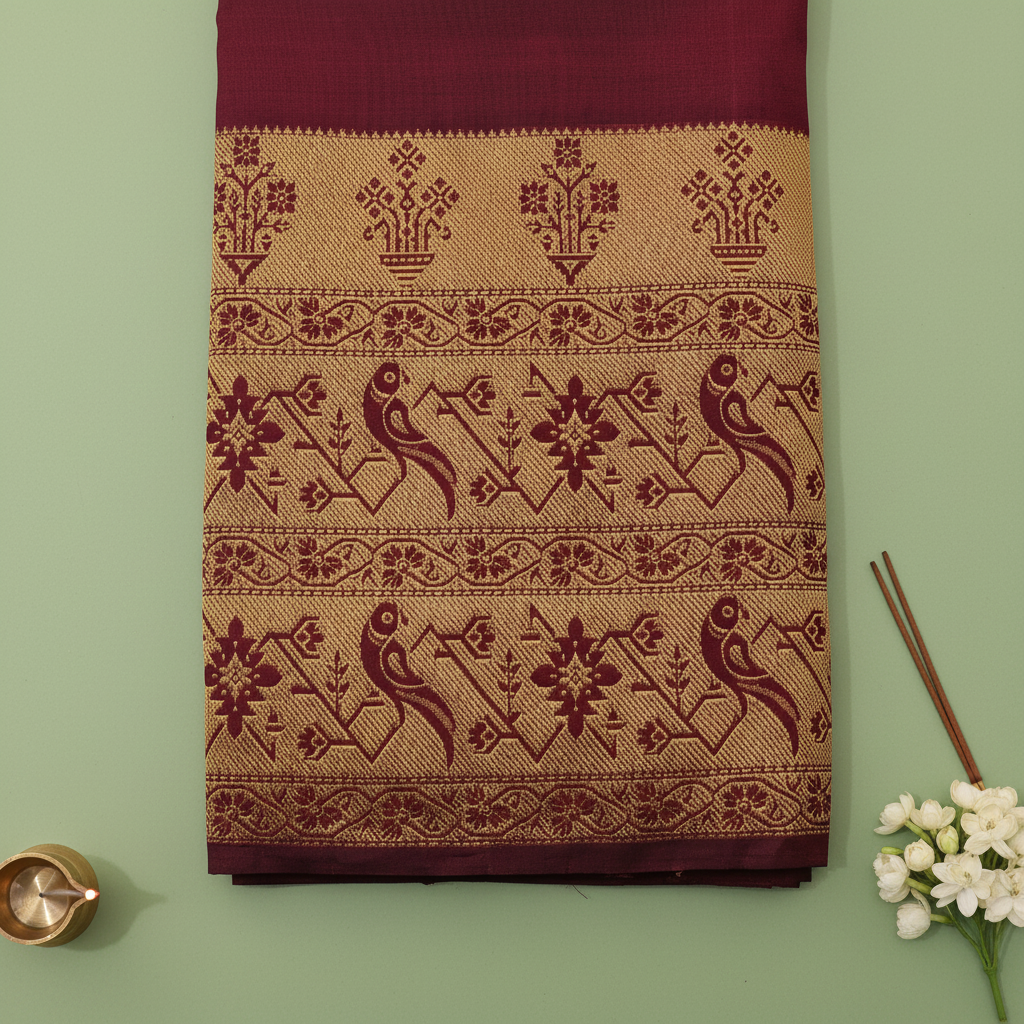 Kuberan Deep Maroon Kanchipuram Silk Saree with Golden Peacock Border
