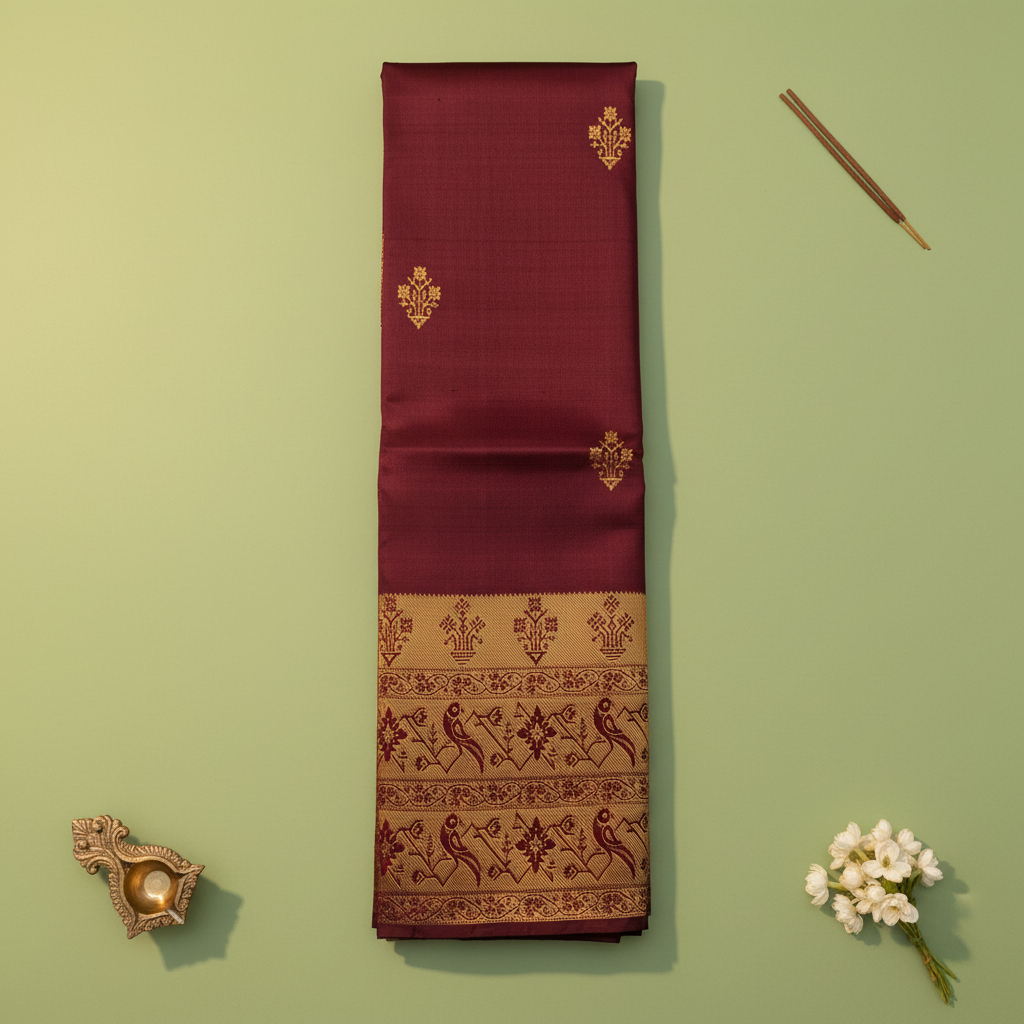 Kuberan Deep Maroon Kanchipuram Silk Saree with Golden Peacock Border