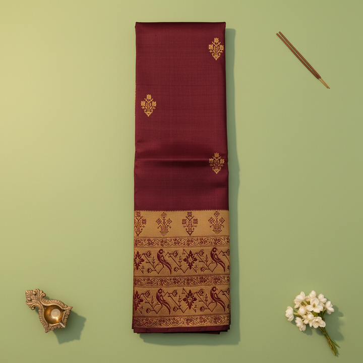 Kuberan Deep Maroon Kanchipuram Silk Saree with Golden Peacock Border