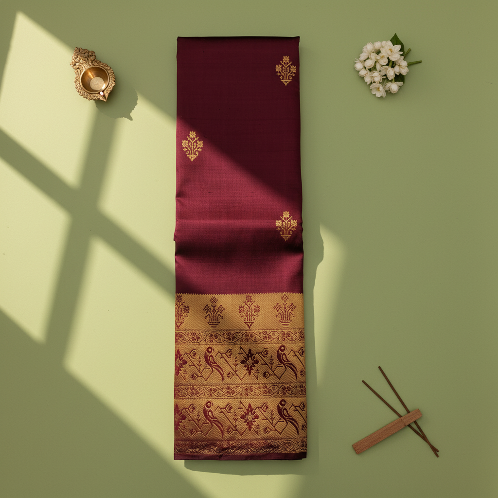 Kuberan Deep Maroon Kanchipuram Silk Saree with Golden Peacock Border